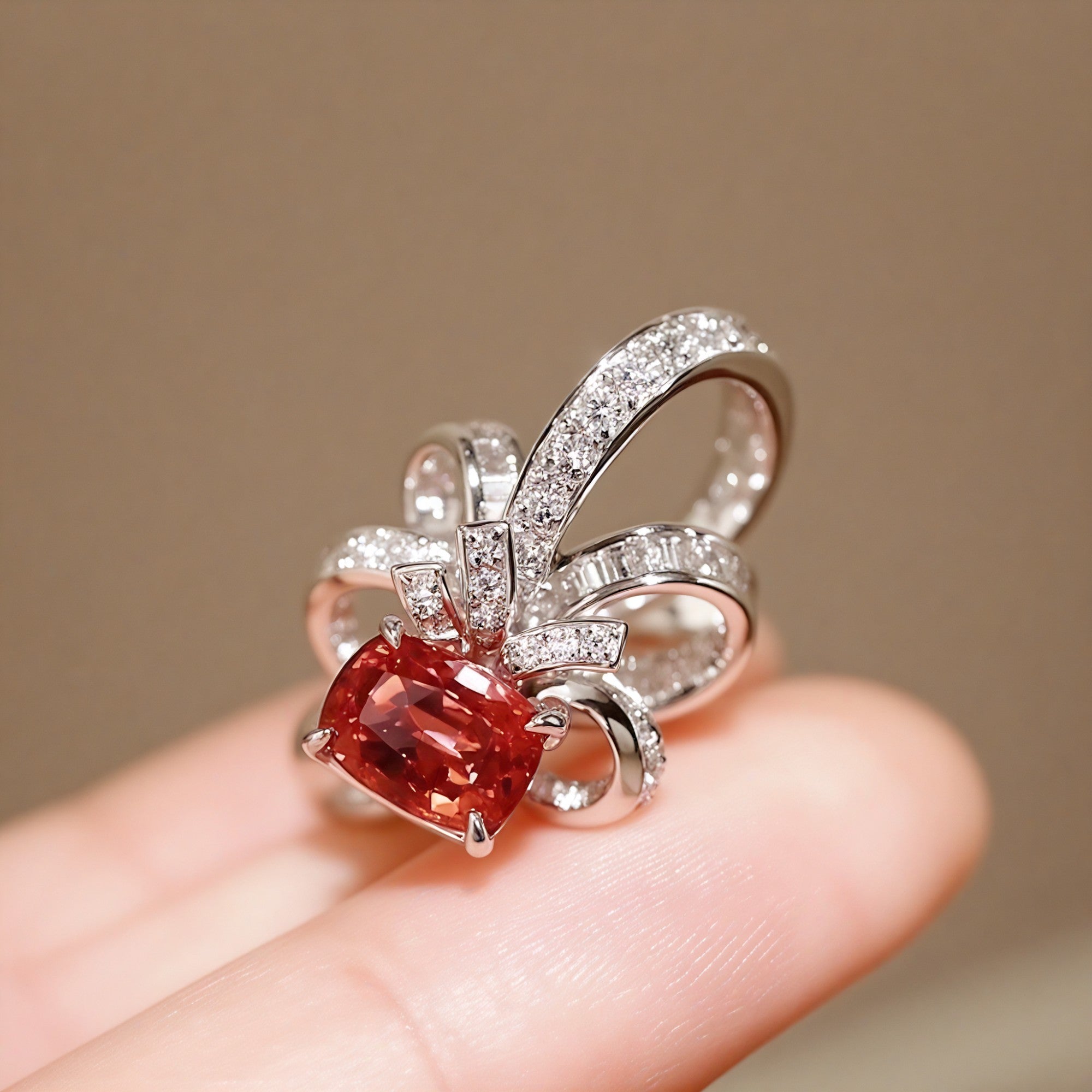 Cushion Padparadscha sapphire floral engagement ring


