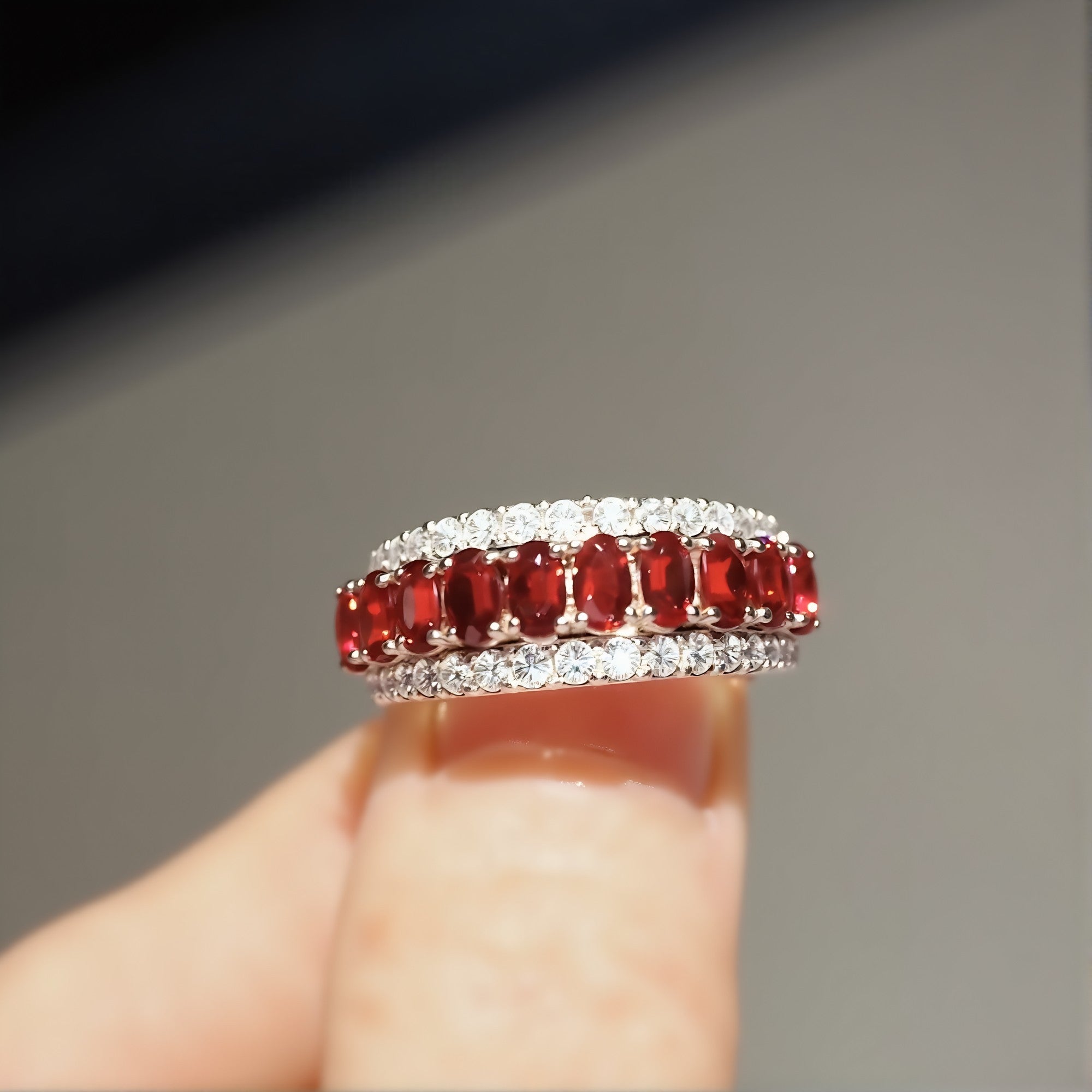 Mirelle solid gold half eternity ring with lab-grown rubies and diamonds








