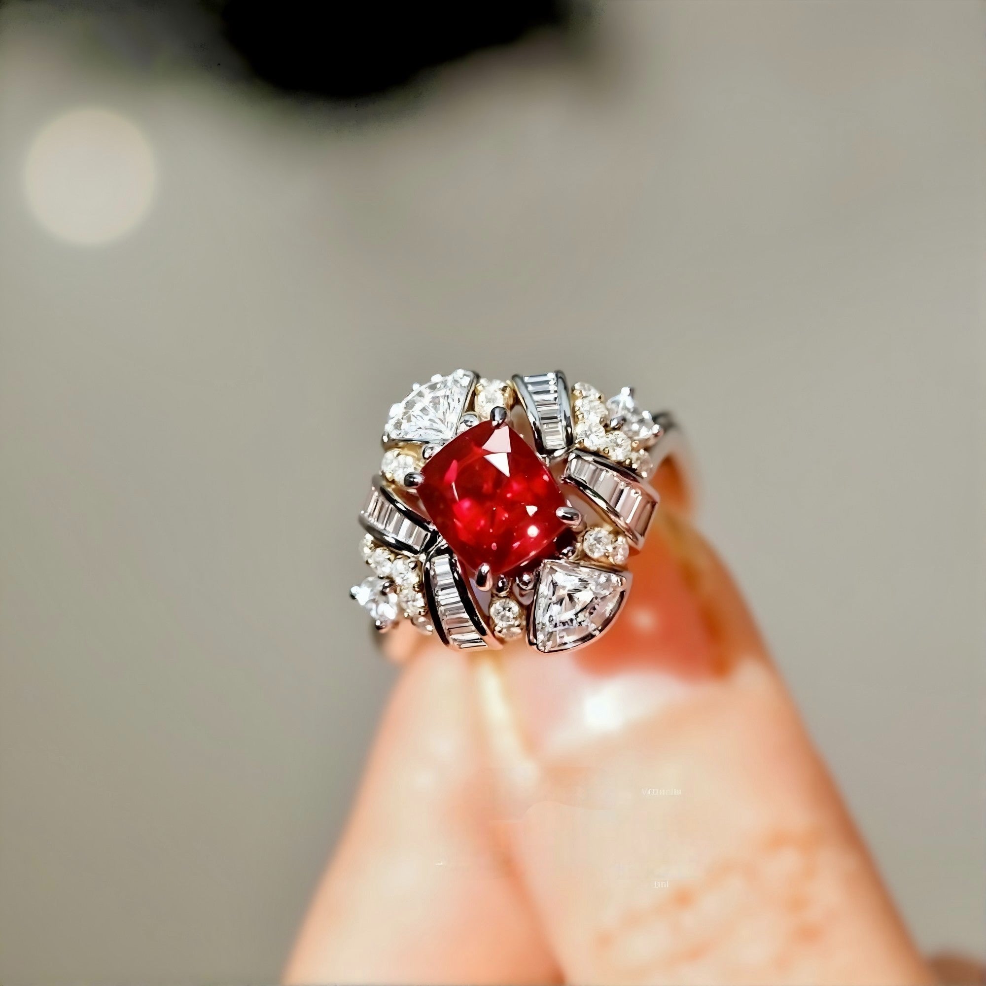 Davira lab ruby art deco halo ring with mixed lab diamonds in white gold








