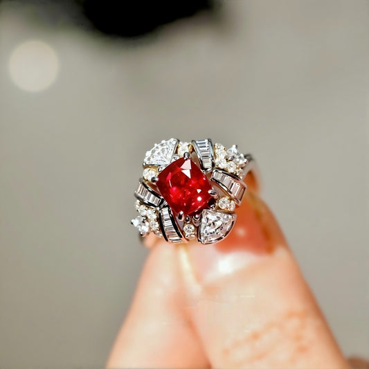 Davira lab ruby art deco halo ring with mixed lab diamonds in white gold








