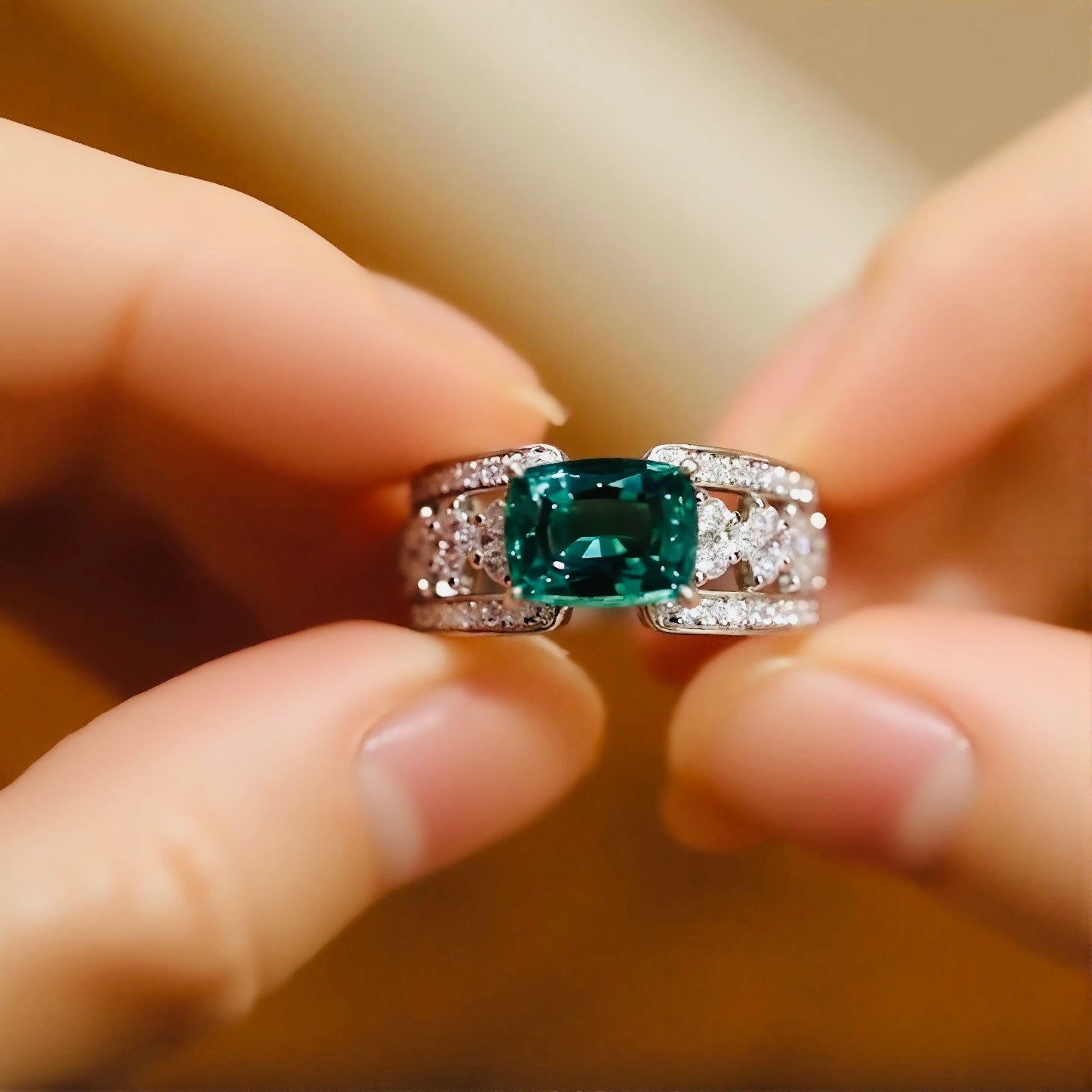 Bold lab-grown emerald ring with cushion-cut 2ct stone and pavé diamond split band








