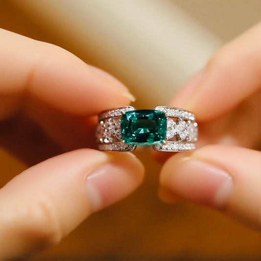 Bold lab-grown emerald ring with cushion-cut 2ct stone and pavé diamond split band








