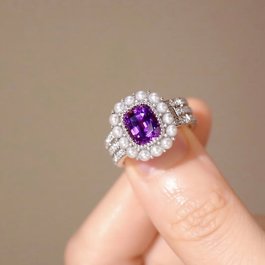 White gold ring with lab lavender sapphire, freshwater pearl halo, and lab diamond accents








