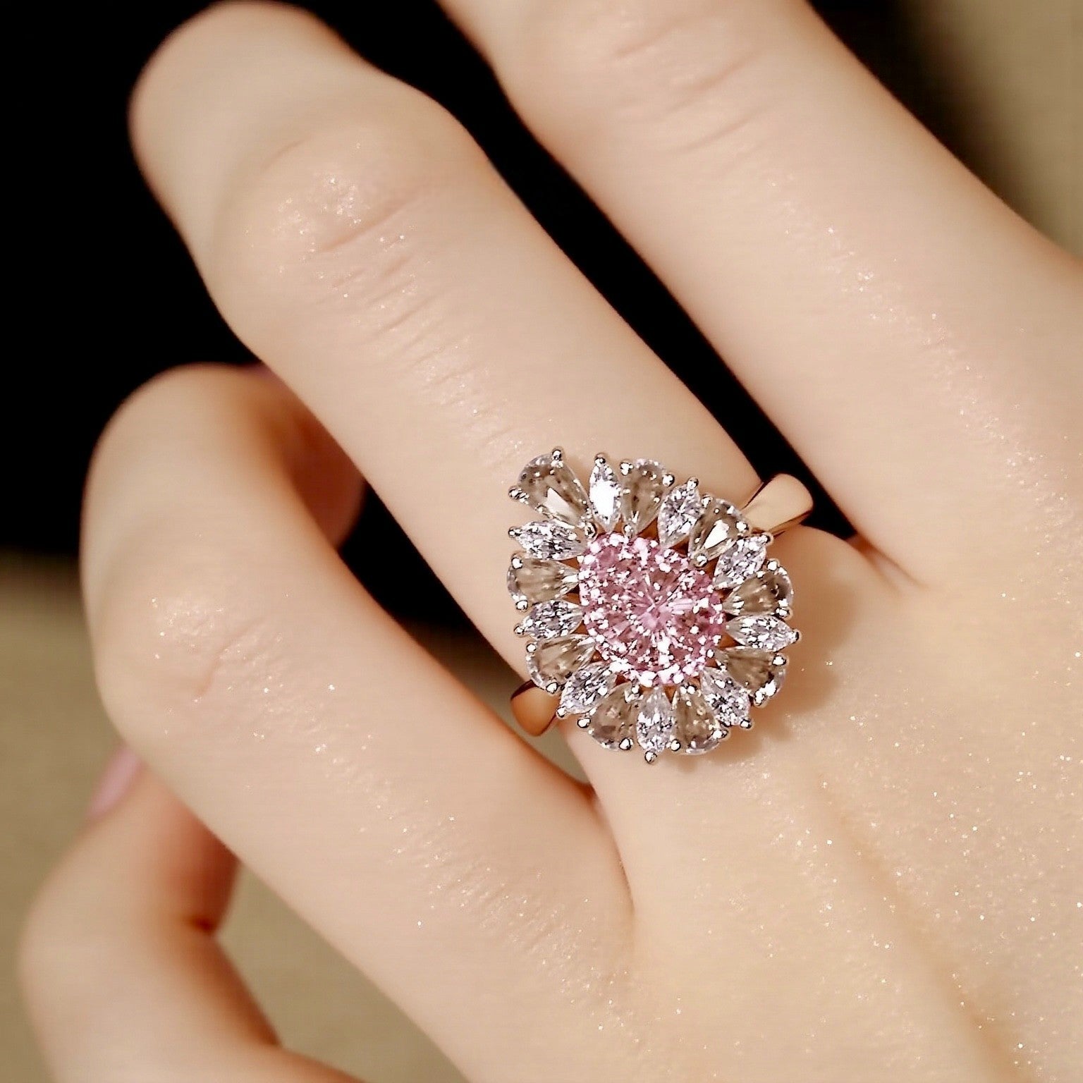 Faelis ring with 0.6ct lab-grown pink diamond and floral halo of white diamonds in platinum – romantic gemstone cluster ring

