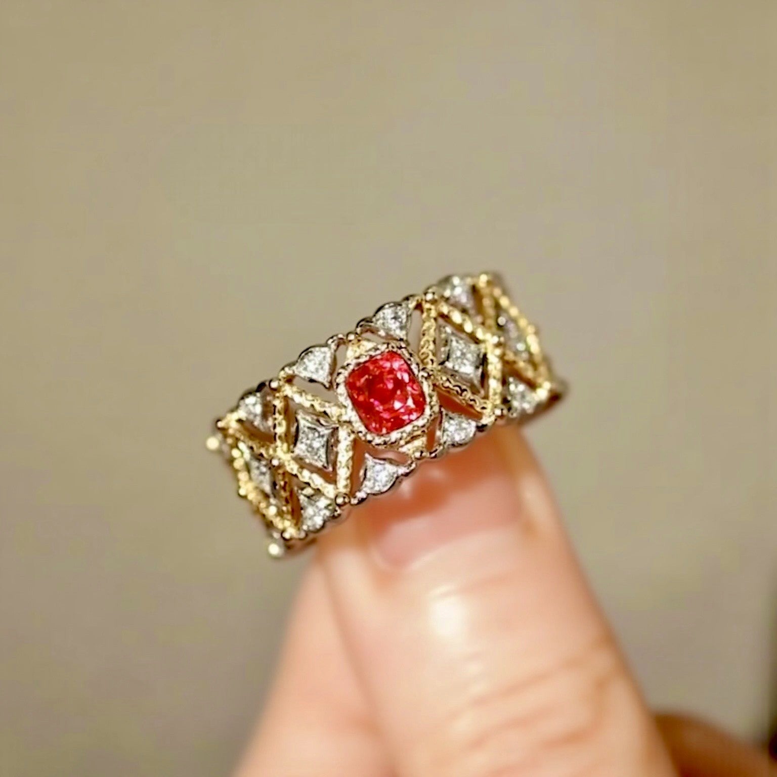 Lattice band ring featuring pink and white sapphires
