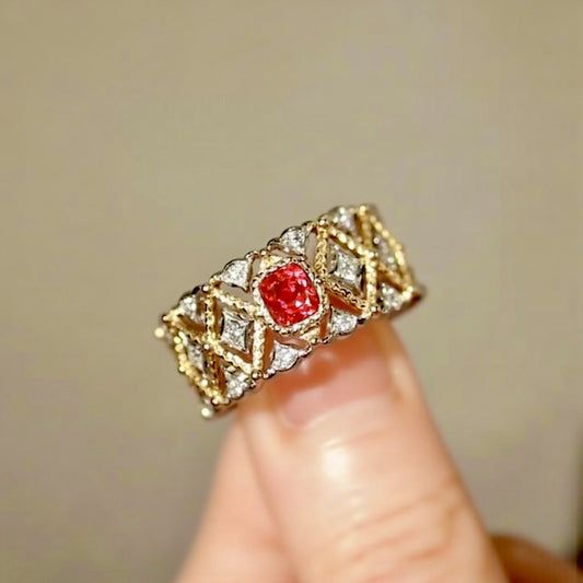 Lattice band ring featuring pink and white sapphires
