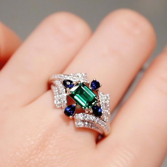 Lab emerald ring with sapphire and diamond halo
