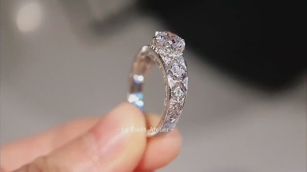 Aelira vintage-inspired rose cut diamond ring with floral engraved white gold band








