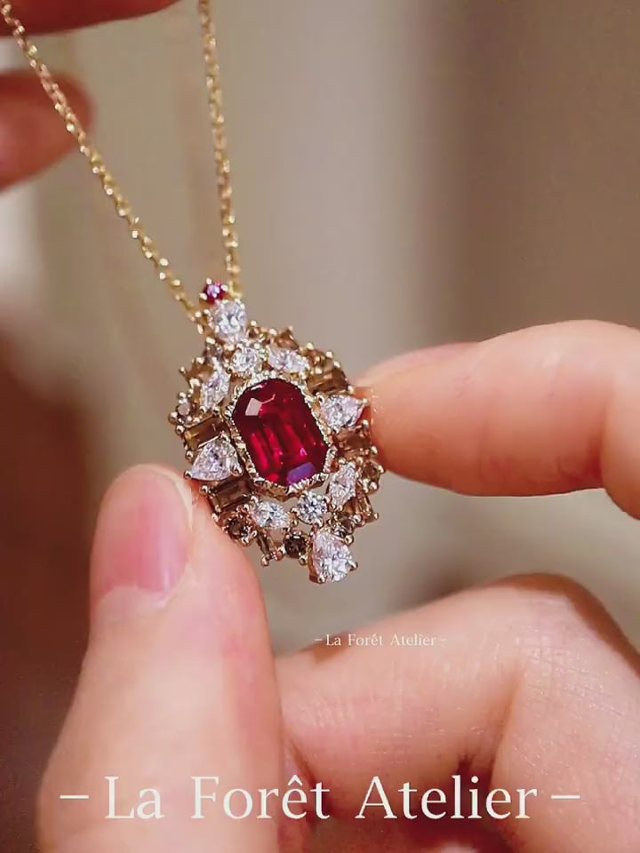 Vintage-inspired lab ruby and diamond pendant necklace in solid gold








