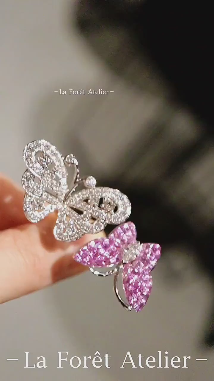 Double Butterfly Ring with Pink Lab Sapphires and Lab Diamonds