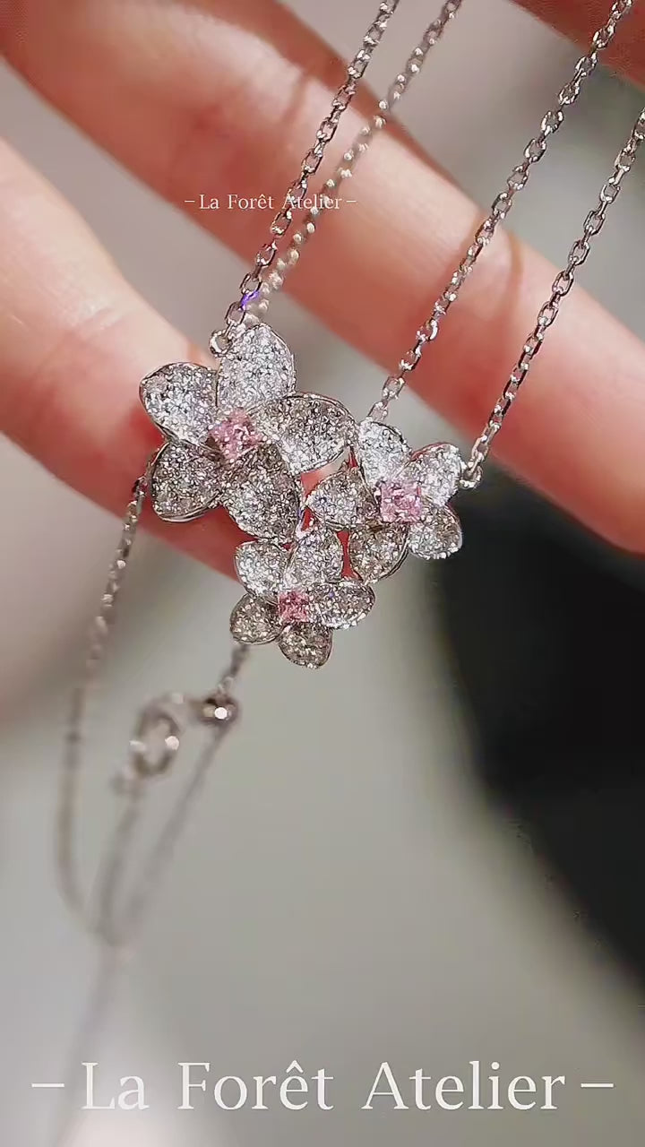 Greya necklace with pink and white lab-grown diamonds in a triple-flower pendant design on a white gold chain – ethical fine jewelry

