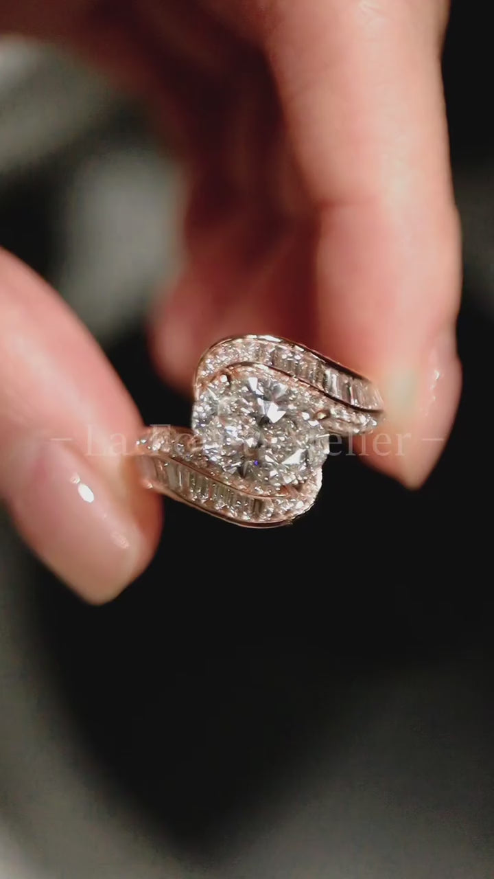 2ct oval lab diamond ring with wrap design and baguette side stones – Aurelline