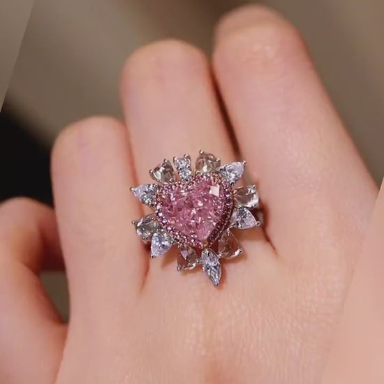 Saphira ring with 3ct pink heart-shaped lab diamond and white diamond floral halo








