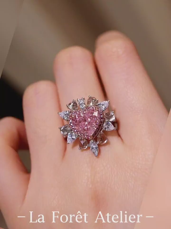 Saphira ring with 3ct pink heart-shaped lab diamond and white diamond floral halo








