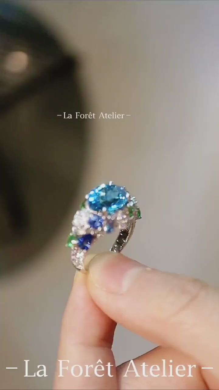 Elanora Aquamarine and Tanzanite Cluster Ring with Tsavorite and Diamonds
