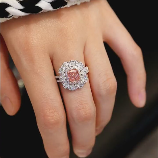 Adara cushion-cut pink diamond halo ring with white lab diamonds and double pavé bands in white gold








