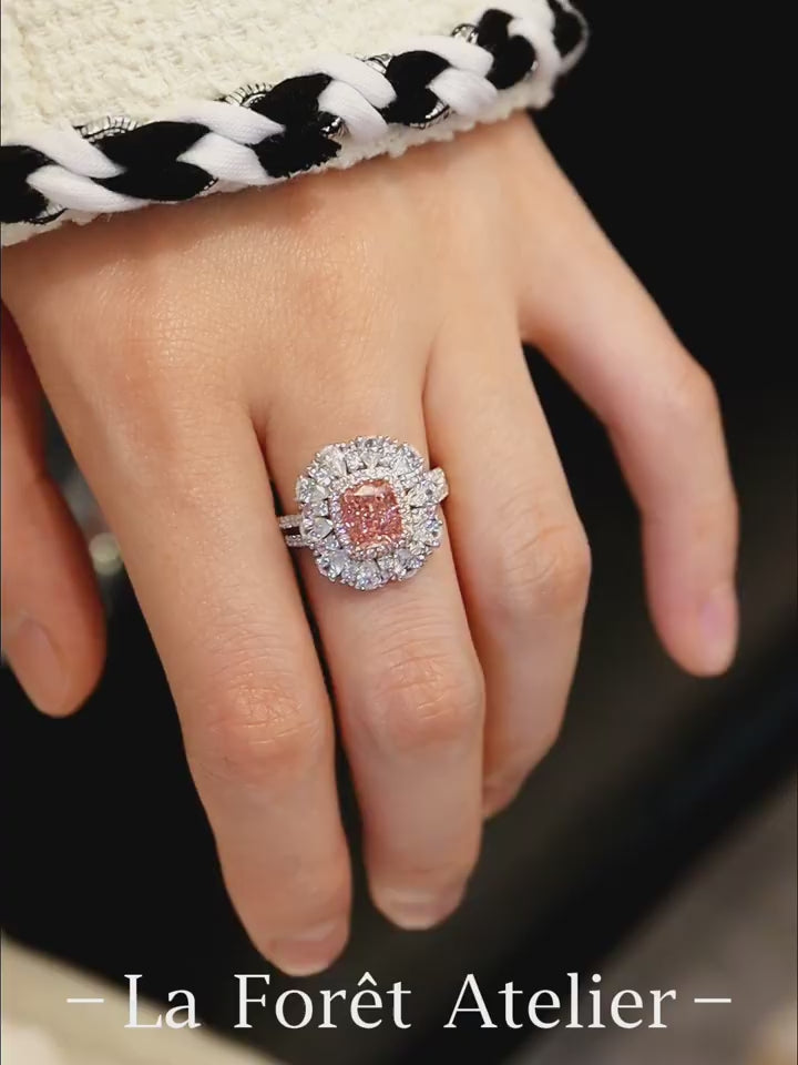 Adara cushion-cut pink diamond halo ring with white lab diamonds and double pavé bands in white gold








