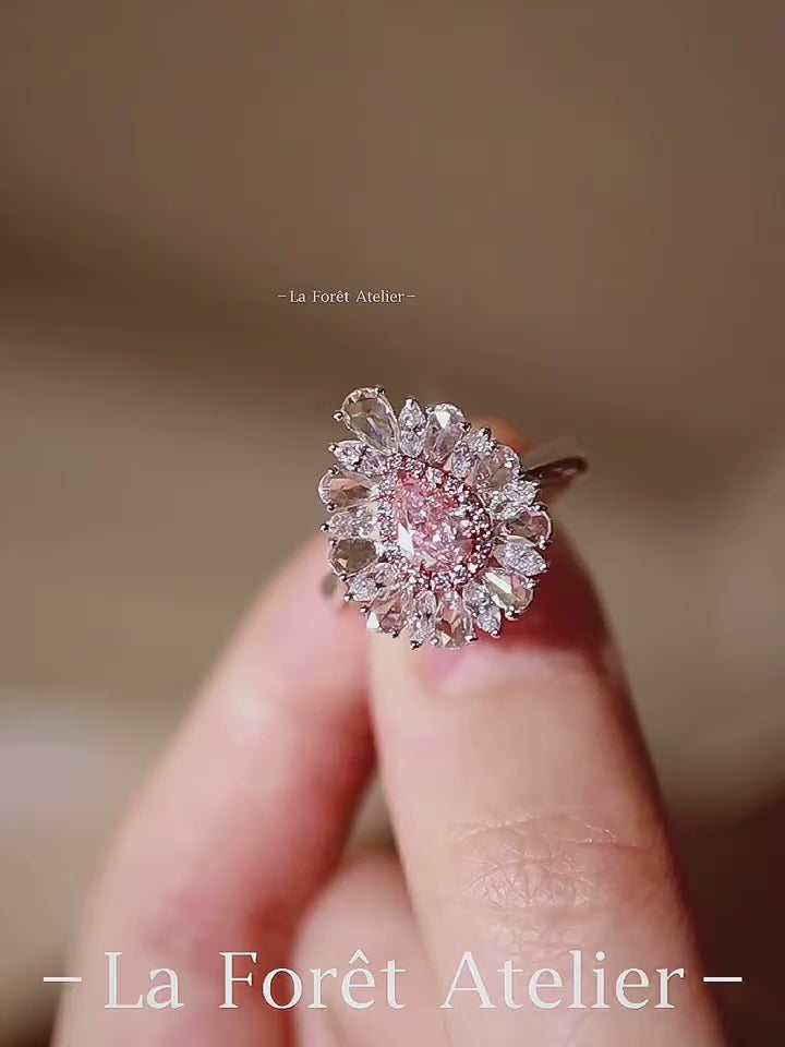 Faelis ring with 0.6ct lab-grown pink diamond and floral halo of white diamonds in platinum – romantic gemstone cluster ring

