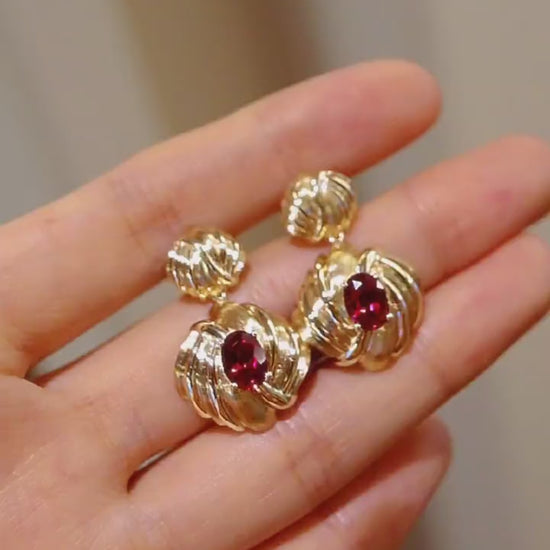 Ravelle drop earrings with 1ct lab grown rubies and draped gold design








