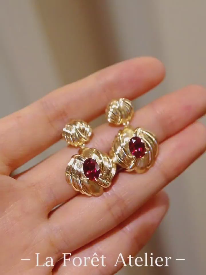 Ravelle drop earrings with 1ct lab grown rubies and draped gold design








