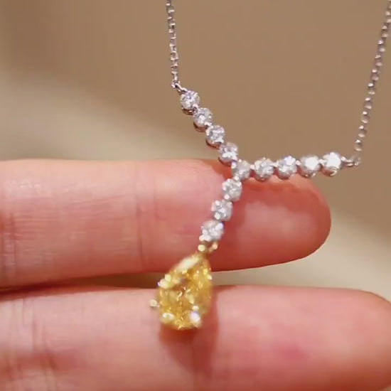 2ct pear-shaped yellow lab diamond drop necklace with white diamond chain in Y setting








