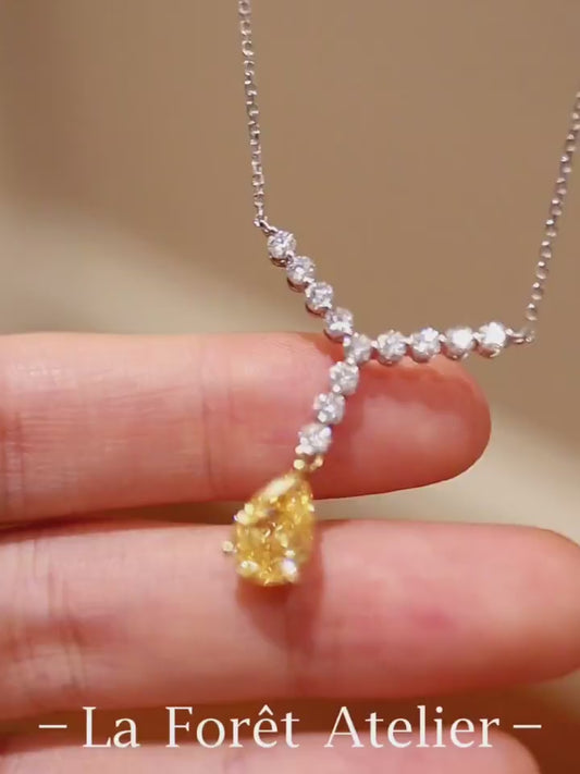 2ct pear-shaped yellow lab diamond drop necklace with white diamond chain in Y setting








