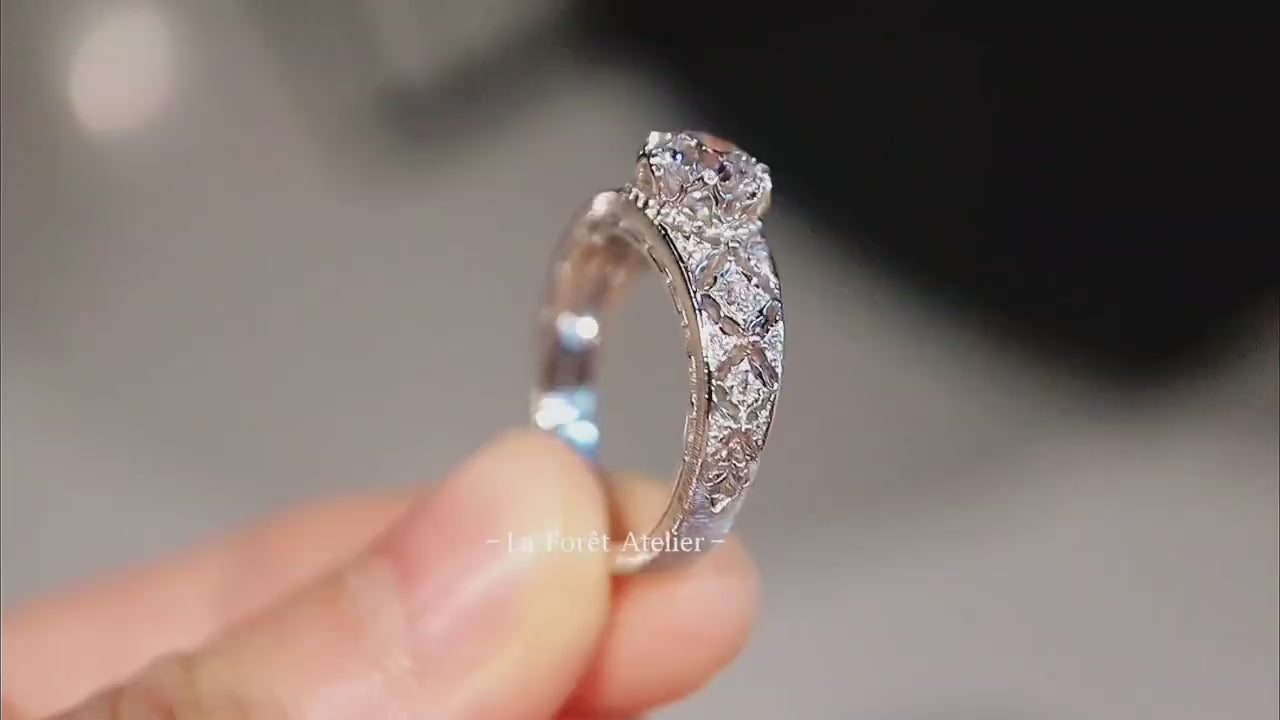 White gold lab diamond ring with geometric openwork detail

