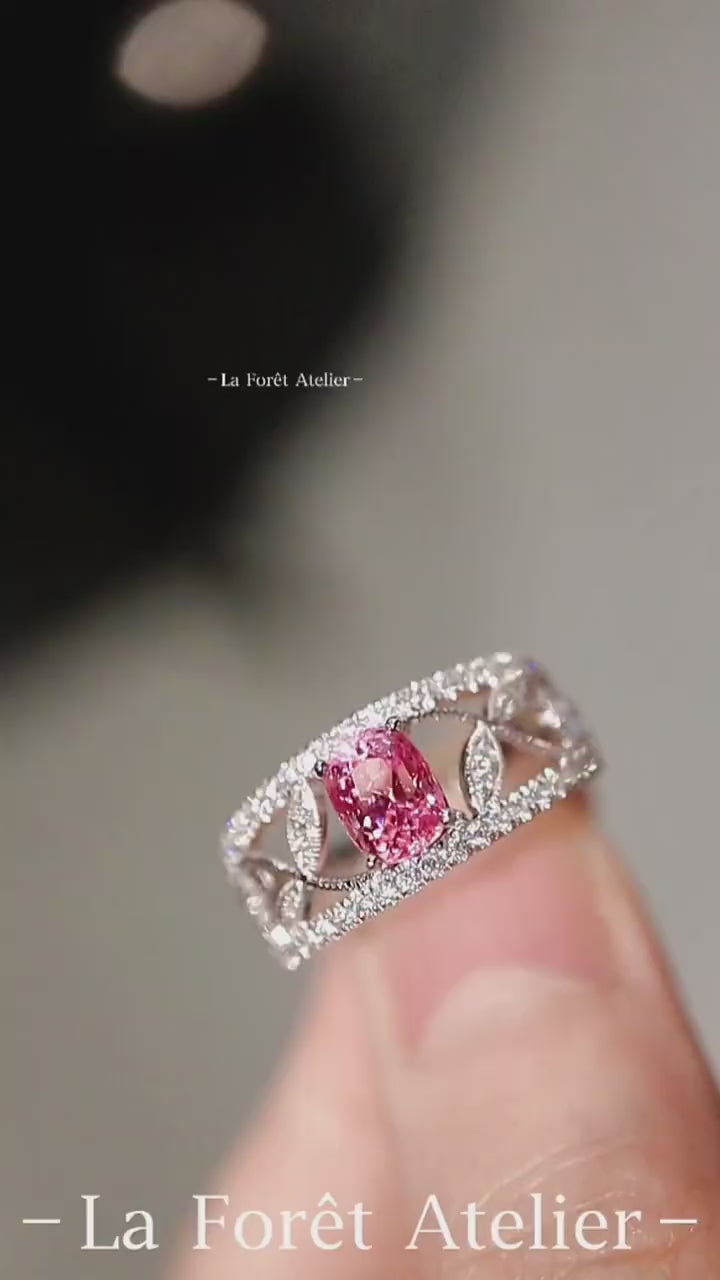 Vine motif pink spinel ring with lab-grown diamonds and leaf details in white gold
