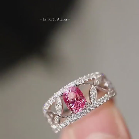 Vine motif pink spinel ring with lab-grown diamonds and leaf details in white gold