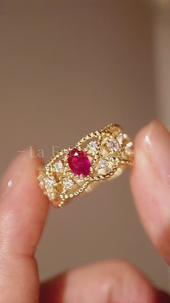 Sorelya 0.5ct lab ruby eternity ring with gold filigree and diamond accents
