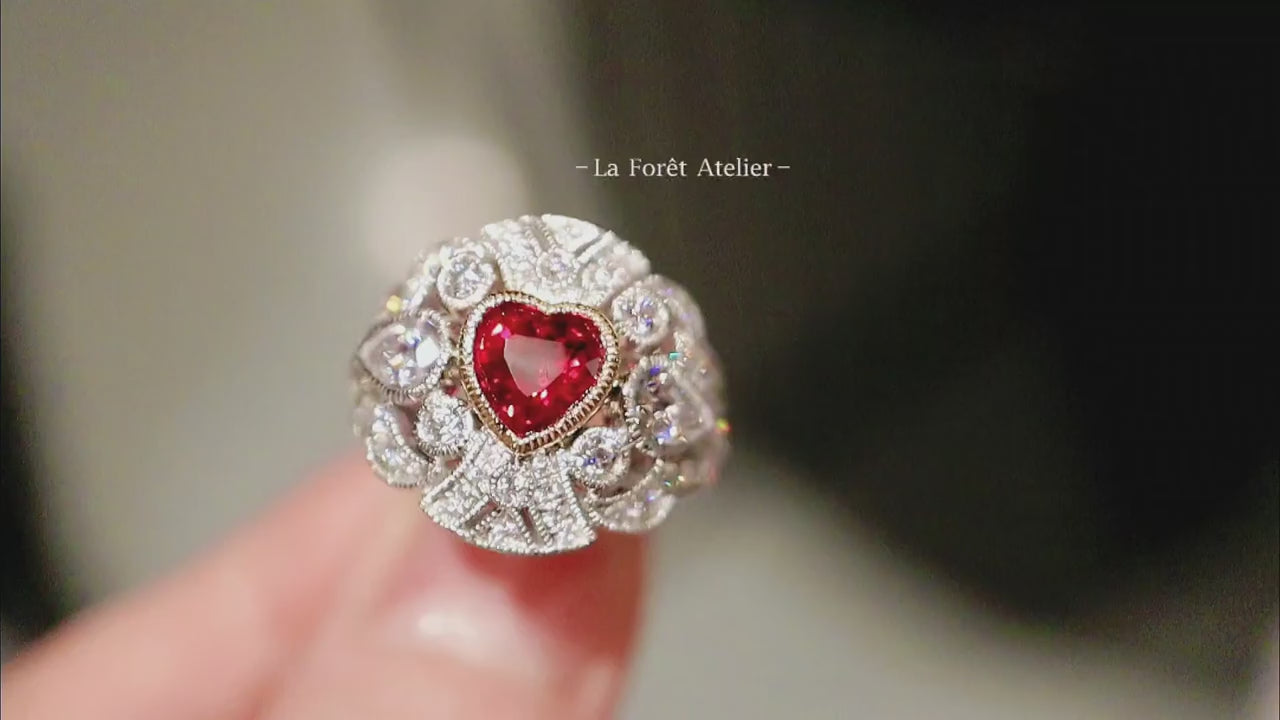 Valentisse heart-shaped lab ruby ring with vintage diamond detailing









