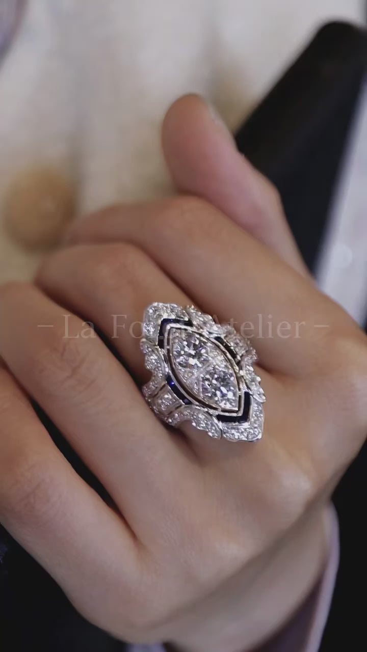 Zephyrella Art Deco lab diamond ring with sapphire inlay and scalloped pavé halo design