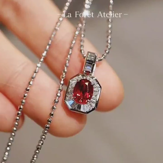 1ct lab ruby necklace in white gold geometric setting








