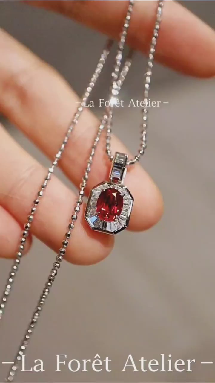 1ct lab ruby necklace in white gold geometric setting








