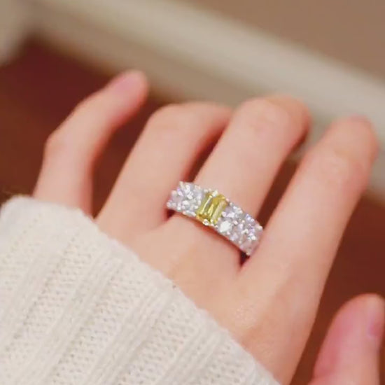 Valora eternity ring with radiant yellow lab diamond and full diamond band in white gold









