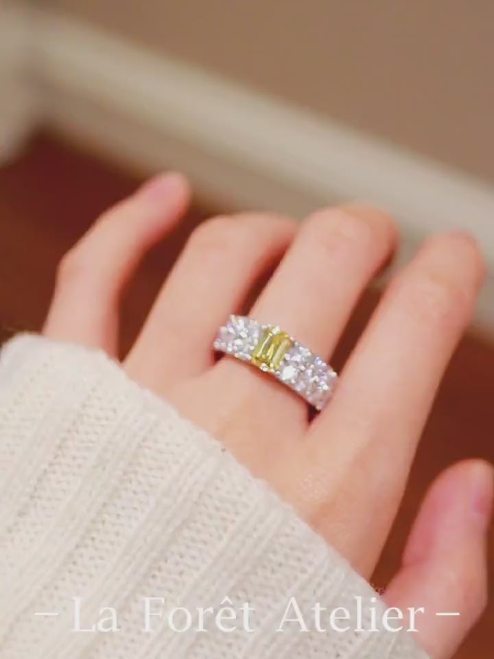Valora eternity ring with radiant yellow lab diamond and full diamond band in white gold









