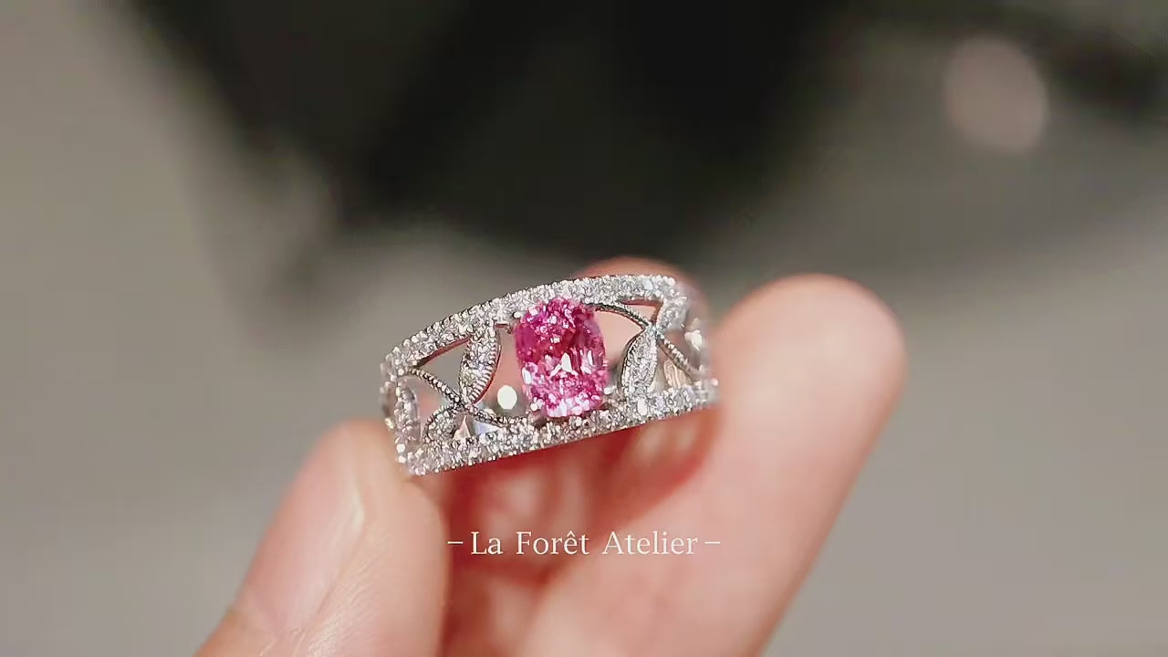 Yvessa ring with pink sapphire and diamond-studded leaf filigree design in white gold