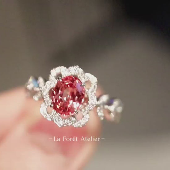 Floral-inspired Padparadscha ring in rose blossom design

