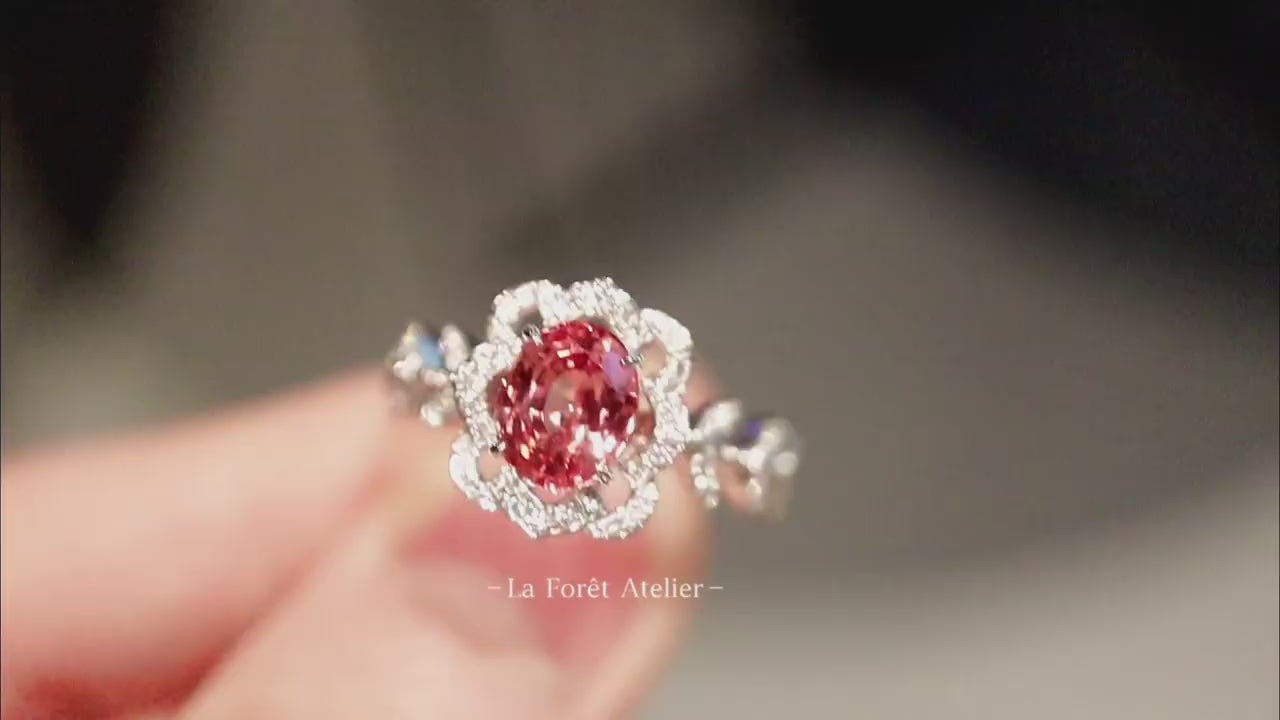 Floral-inspired Padparadscha ring in rose blossom design

