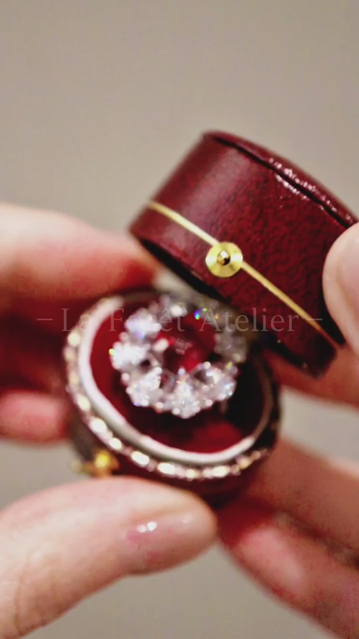 Selvianne ring with 2.5ct lab-grown pigeon blood ruby and petal halo of marquise and pear-shaped diamonds in white gold – floral fine jewelry statement ring

