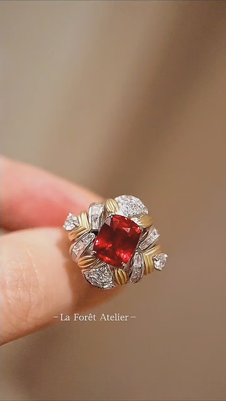 Cushion-Cut Lab Ruby Ribbon-Style Cocktail Ring with Diamond Accents