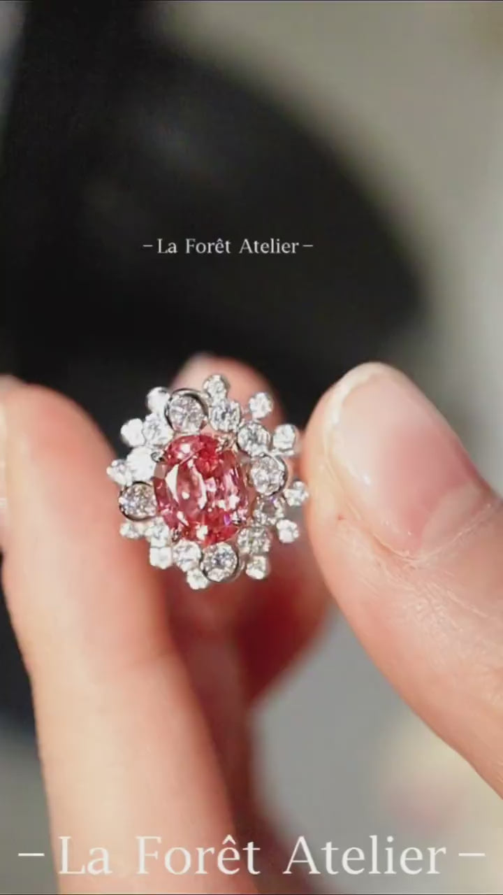 Ysolde ring with 2ct padparadscha sapphire and round lab-grown diamond cluster in white gold – ethical gemstone engagement ring

