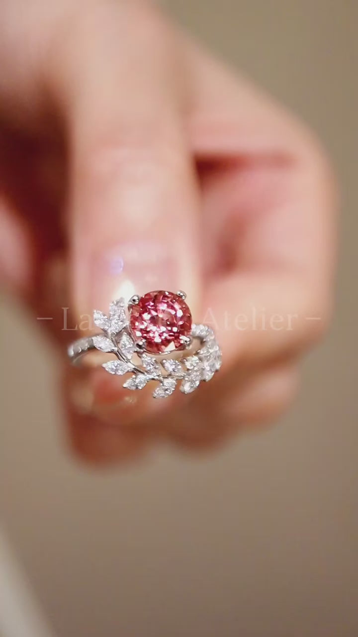 Serelith ring with 2ct lab padparadscha sapphire and diamond leaf band in nature-inspired design
