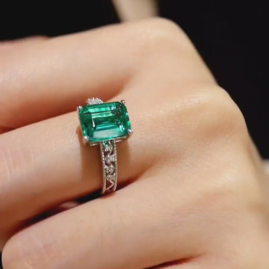 Cushion-cut lab-grown emerald ring with pavé diamonds and white gold band








