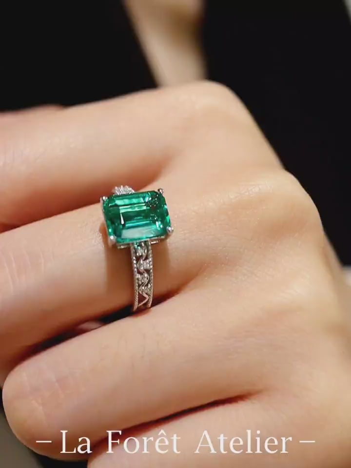 Cushion-cut lab-grown emerald ring with pavé diamonds and white gold band








