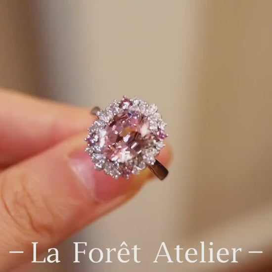 Sorellia ring with 3ct natural morganite and pink halo stones in white gold setting








