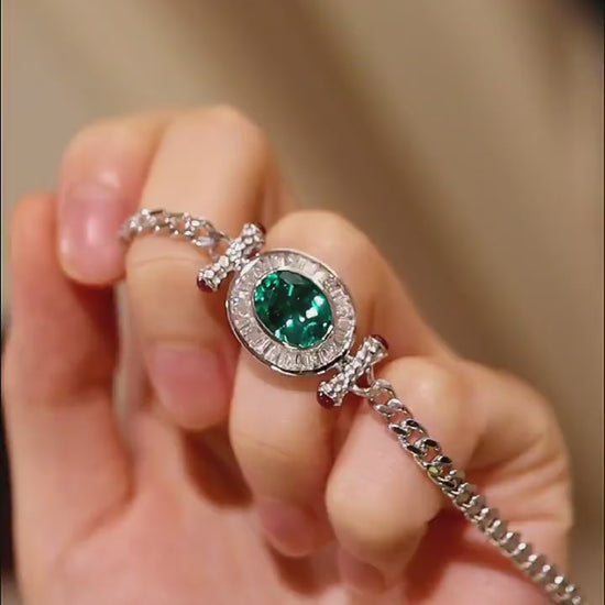 Caelia bracelet with 3ct lab emerald and diamond halo on silver chain








