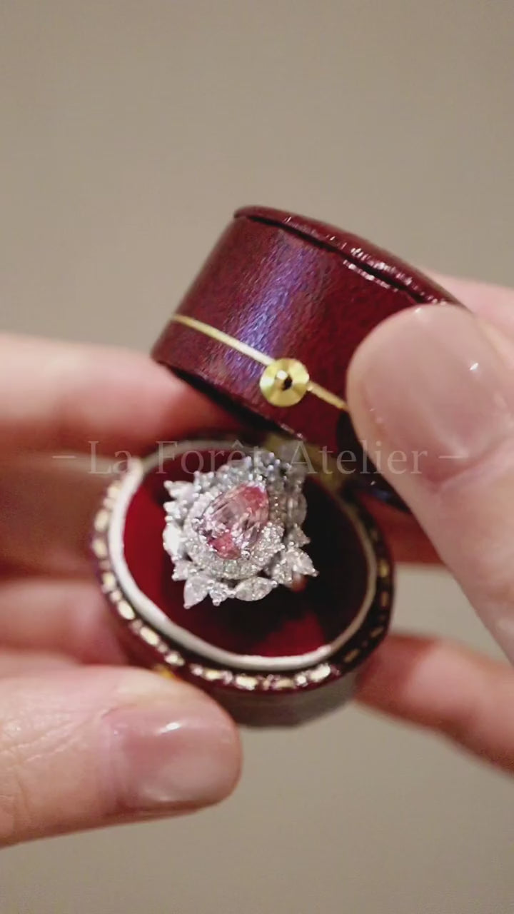 Arwena convertible pendant and ring with 1.5ct pink lab-grown pear diamond and marquise diamond halo in white gold – romantic versatile fine jewelry

