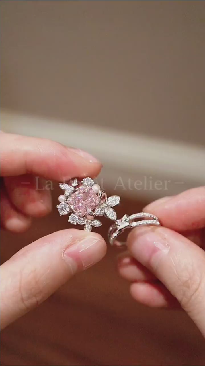 Zephina convertible ring and pendant with 3ct pink lab-grown diamond, diamond petals, and pearl accents in white gold – elegant and versatile fine jewelry

