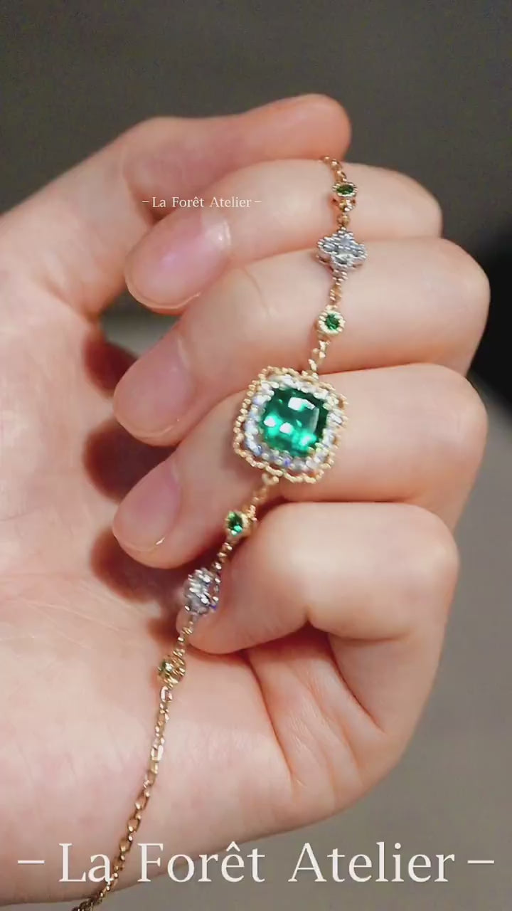 Lab emerald halo bracelet with diamonds in vintage style









